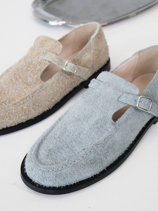 Flat mary-jane brushed suede shoes in grey and sand colours