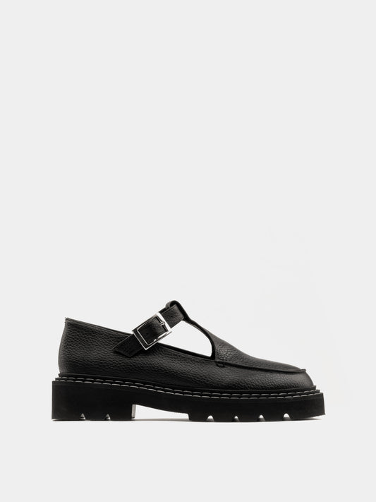 Black tumble leather mary-jane with a chunky sole