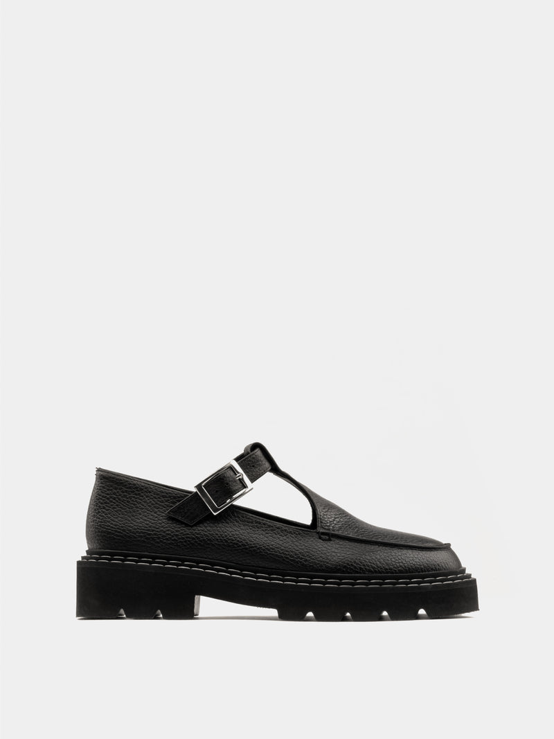 Black tumble leather mary-jane with a chunky sole