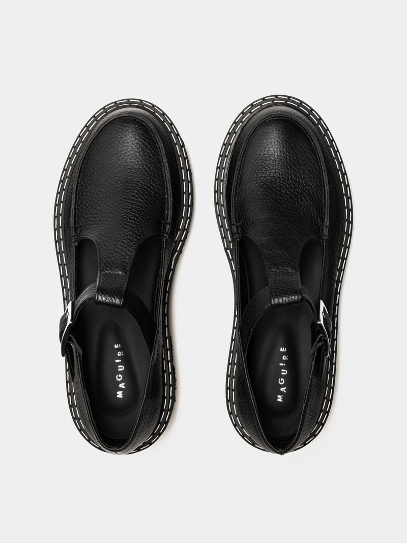Black tumble leather mary-jane with a chunky sole