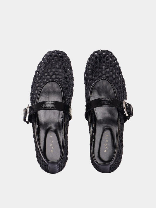 Aveiro black woven leather ballet flat with Mary-jane strap and buckle, top view.