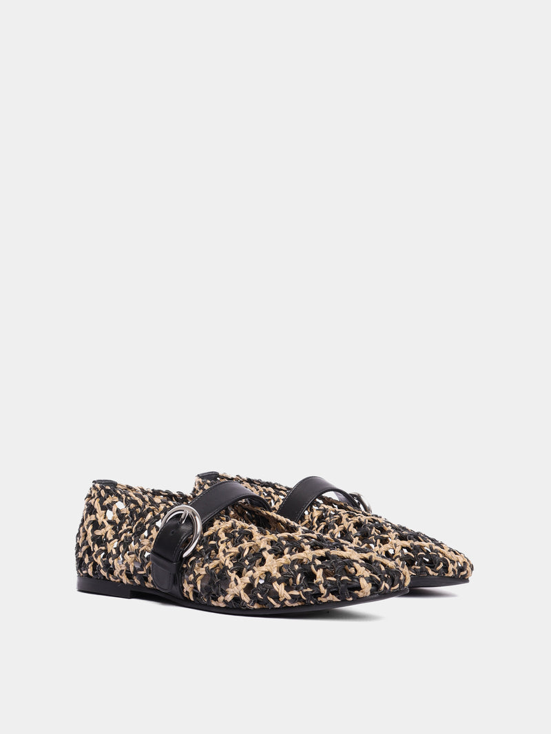 Beige and black woven leather ballet flat with Mary-jane strap and buckle