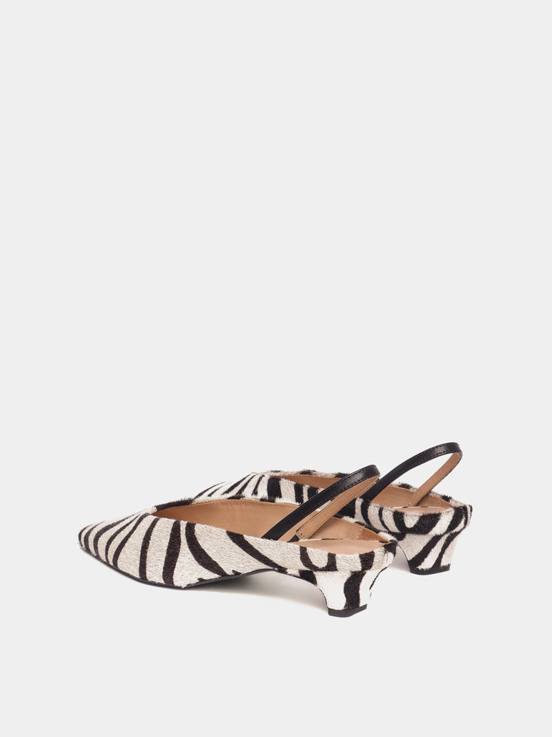 Black polka dot pony hair mule slingback kitten heels