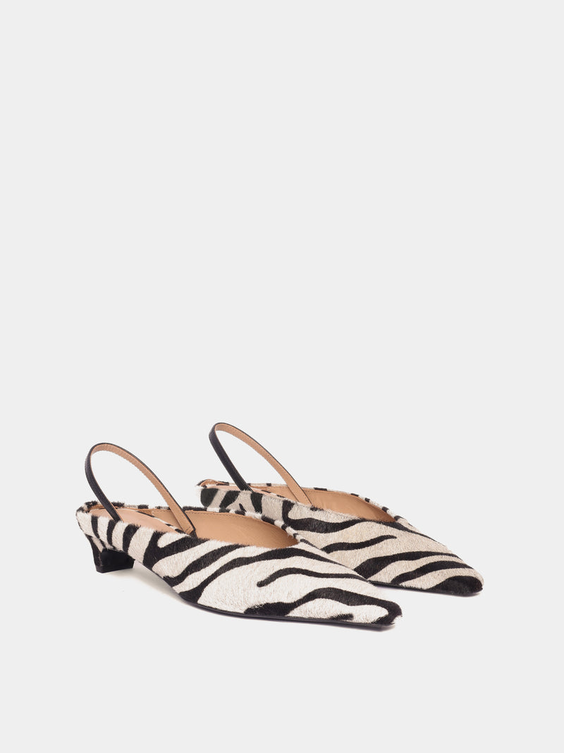 Black polka dot pony hair mule slingback kitten heels