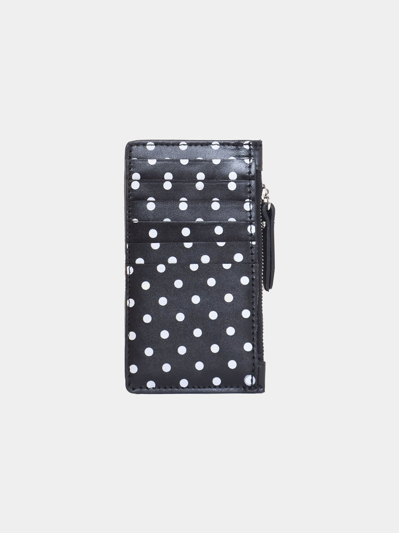 Black wallet with white polka dots on a light gray background