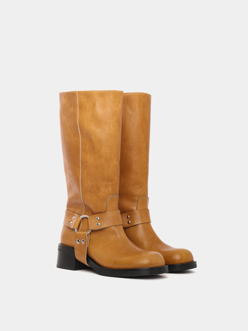 Knee-high dijon moto boots with a silver harness