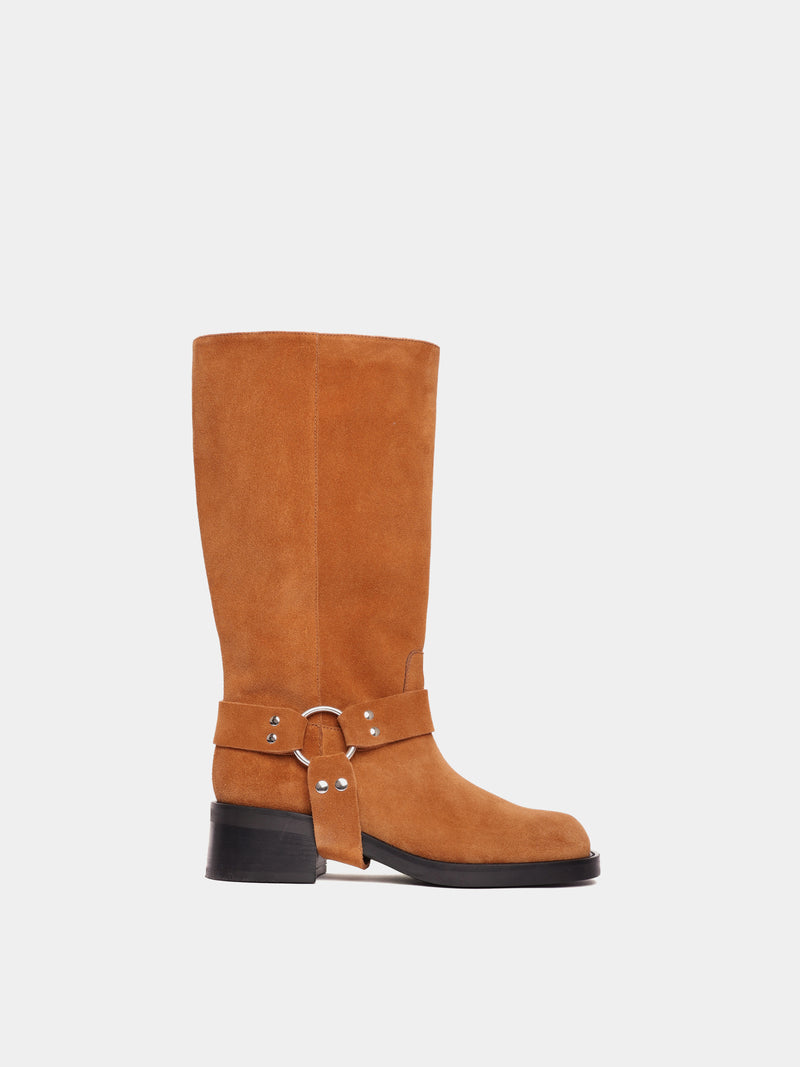 Knee-high honey suede moto boots with a silver harness