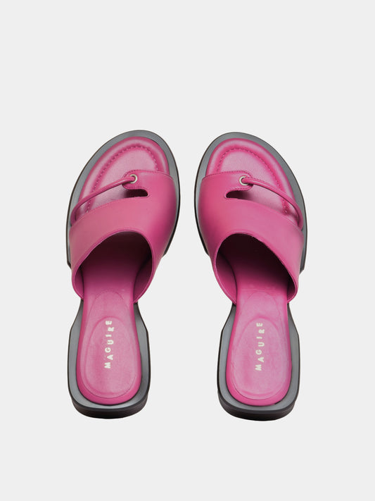 purple flip flop sandal with brown sculptural heel