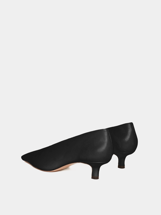 Black leather closed-toe high heels