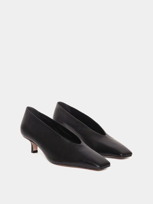 Black leather closed-toe high heels
