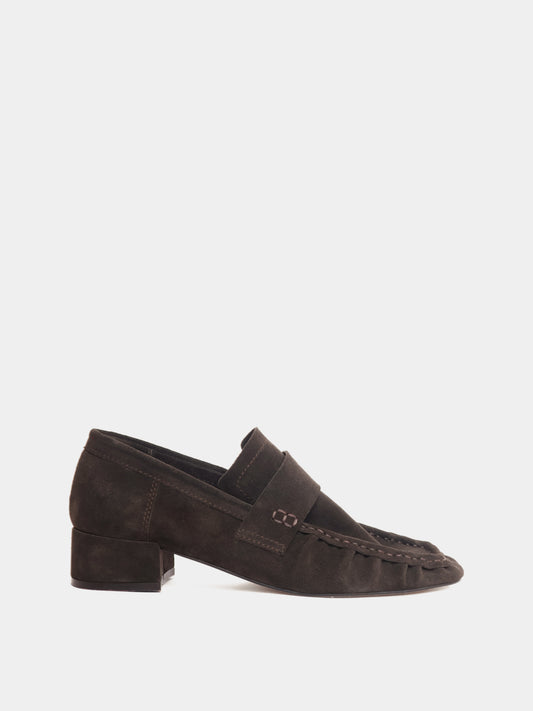 Brown suede leather loafers with a small heel