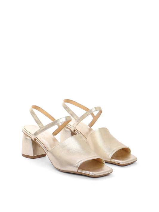 Gold leather block heels with an ankle strap