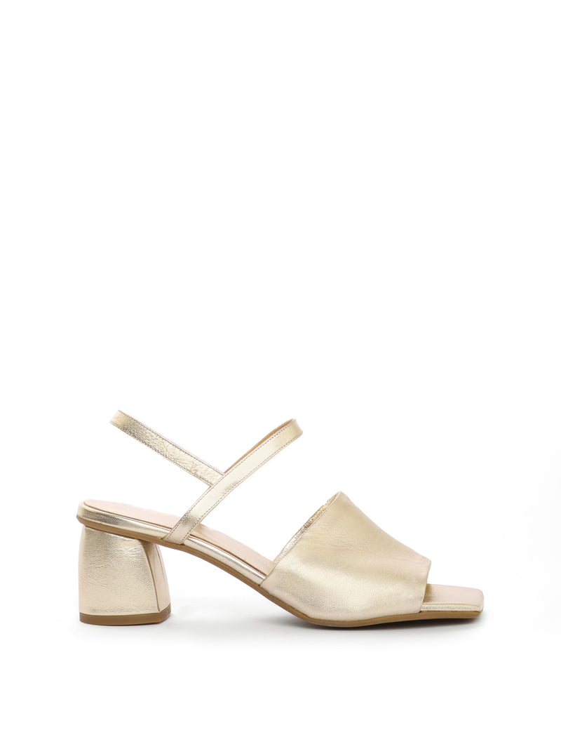 Gold leather block heels with an ankle strap