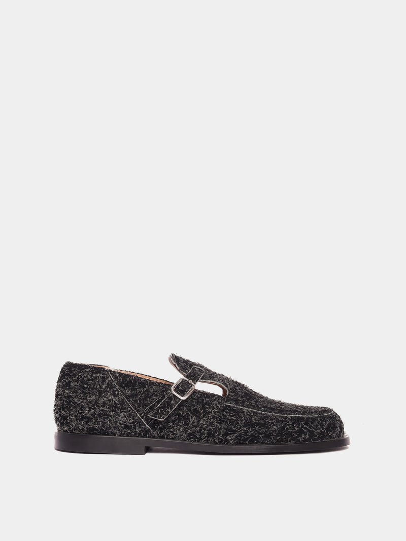 Flat mary-jane brushed suede shoe in a black colour