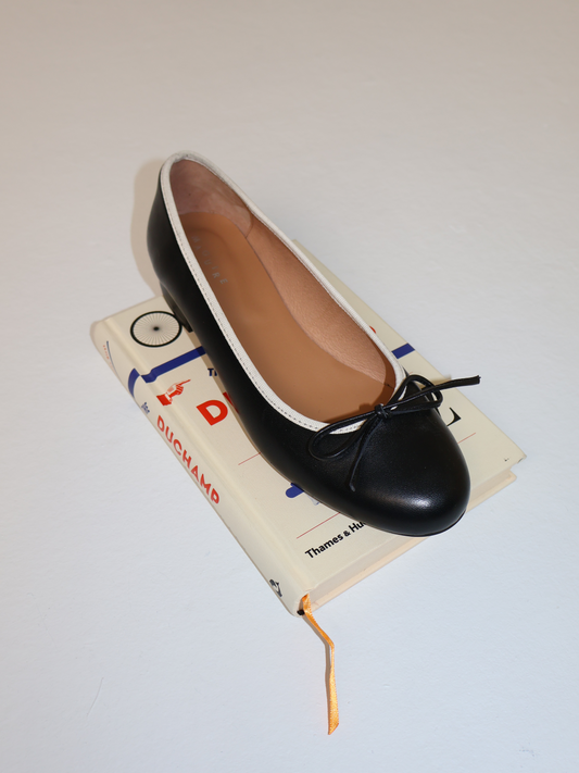Black and White ballerina with a small heel on a book