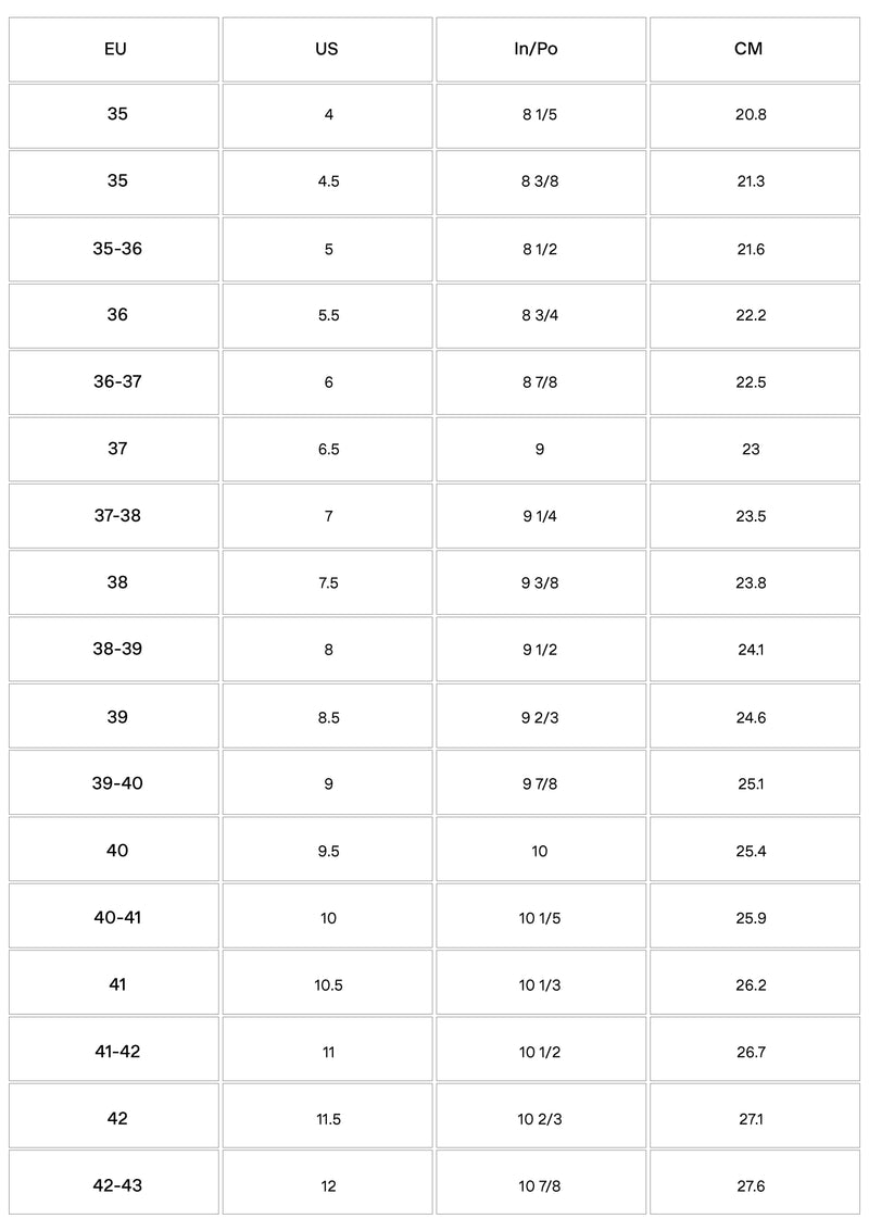 Table showing size conversions between EU, US, and CM measurements.